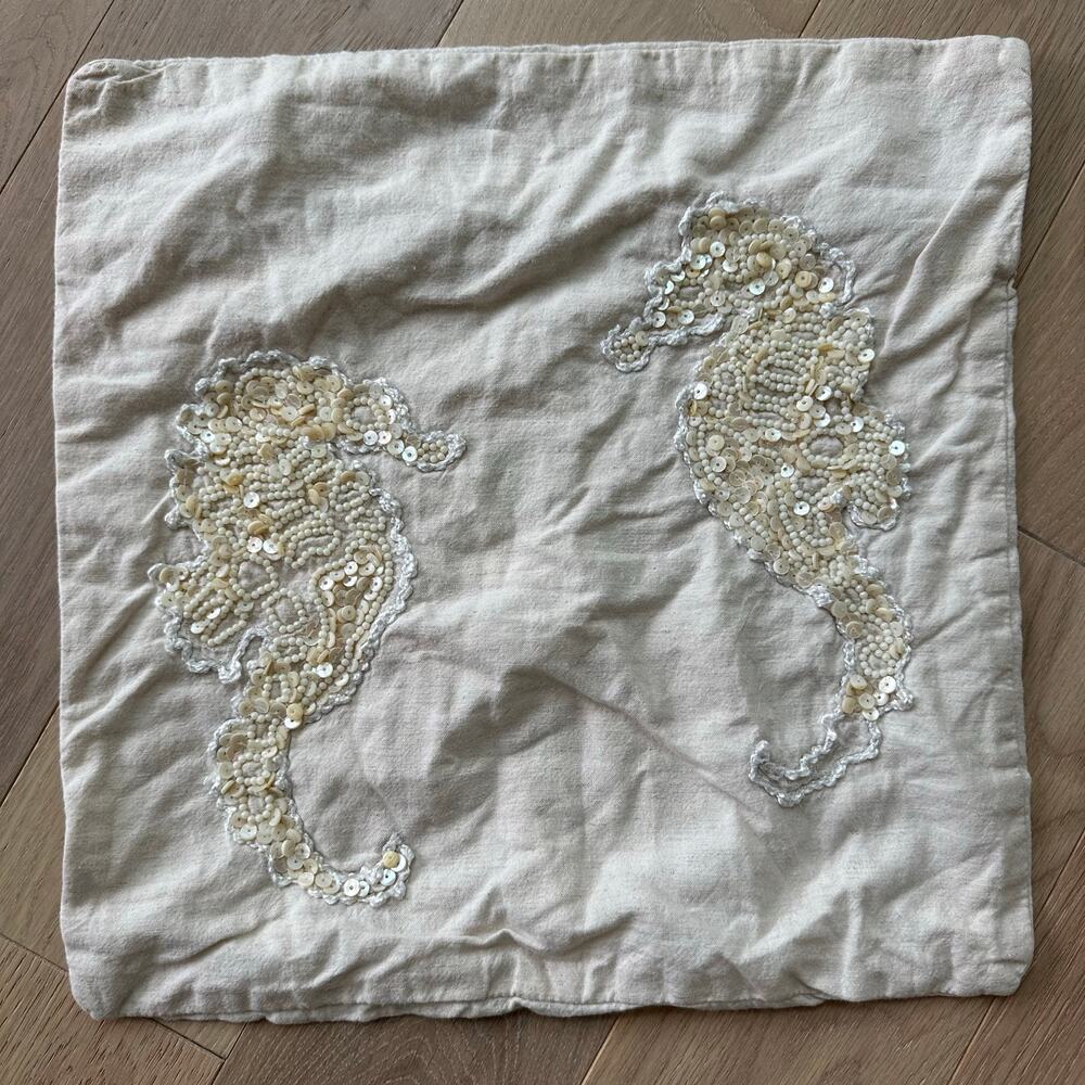 Set of 2 Linen Mother of Peal Seahorse and Starfish Pillow Covers 15x15 - Picture 2 of 8